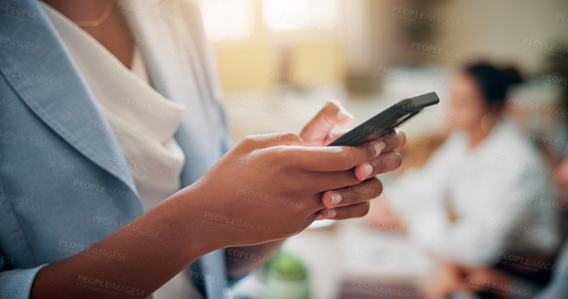 Buy stock photo News, hands or businesswoman in office with mobile or online research for economy media or finance report. Schedule, check or financial advisor with smartphone app for text message, closeup or update