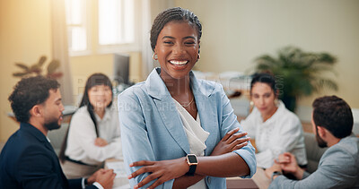 Buy stock photo Portrait, group and woman with arms crossed, meeting and feedback for article, reviews and advice Face, magazine editor or journalist with writers, creative or brainstorming with cooperation or smile