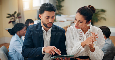Buy stock photo Meeting, research or business people in company on tablet for accounting news, economy media or finance report. Teamwork, planning or financial advisors in office for schedule, project or investment