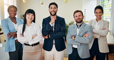 Buy stock photo Confident team, smile or portrait of business people for finance career, office project or mission. Advisors, manager or happy accountants in accounting company for financial growth or development