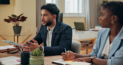 Buy stock photo Planning, meeting and talking with business people in office for strategy, discussion and company sales. Teamwork, profit report and collaboration with employees in agency for development and project