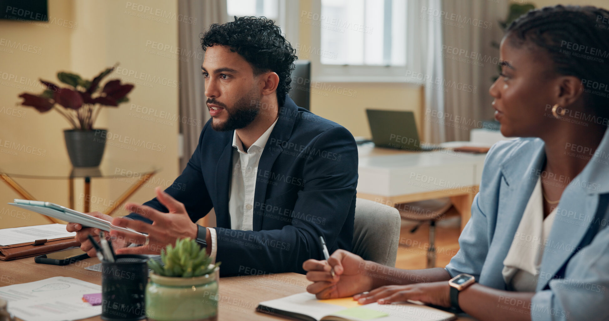 Buy stock photo Planning, meeting and talking with business people in office for strategy, discussion and company sales. Teamwork, profit report and collaboration with employees in agency for development and project
