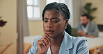 Business, thinking and woman in office, decision and problem solving with pressure. Person, employee and investigative journalist in workplace, choice and thoughtful with wonder,  and questions