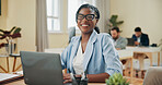 Smile, laptop and glasses with business woman in office for journalist research, article update and online. Media report, editor feedback and press release with portrait of person for review