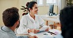 Conversation, meeting and business people with woman, documents and feedback for project. Employees, paperwork and group in office, discussion or smile with report for profit growth or sales increase