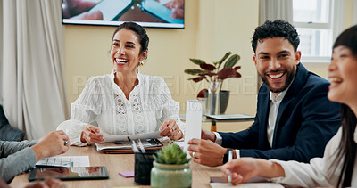 Buy stock photo Conversation, meeting and business people in office, planning and feedback for project. Employees, coworking and group in boardroom, discussion and funny with joke, cooperation and support with ideas