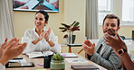 Applause, meeting and teamwork with business people in office for strategy, discussion or company bonus. Planning, profit report and collaboration with employees in agency for development and project