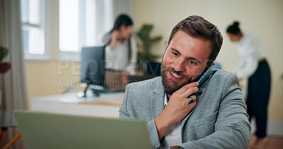 Buy stock photo Office, businessman and laptop with phone call for talking, listen and schedule meeting for news source. Career, male person and journalist with mobile for communication, article questions or confirm