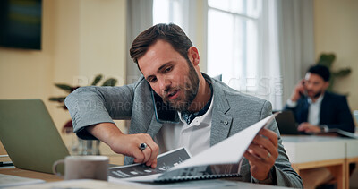Buy stock photo Business, phone call and man in office, documents and communication with stress. Person, consultant or employee in workplace, cellphone or digital app with network, chaos and conversation with report