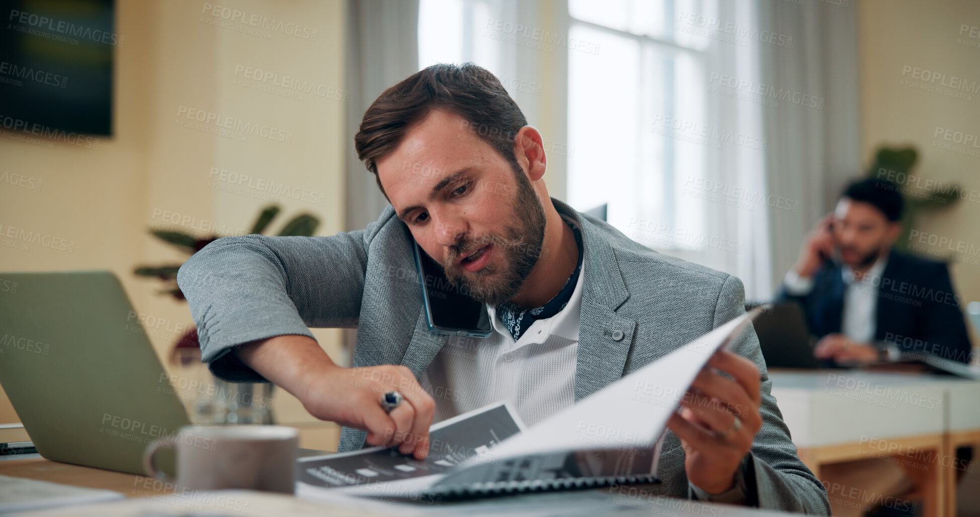Buy stock photo Business, phone call and man in office, documents and communication with stress. Person, consultant or employee in workplace, cellphone or digital app with network, chaos and conversation with report