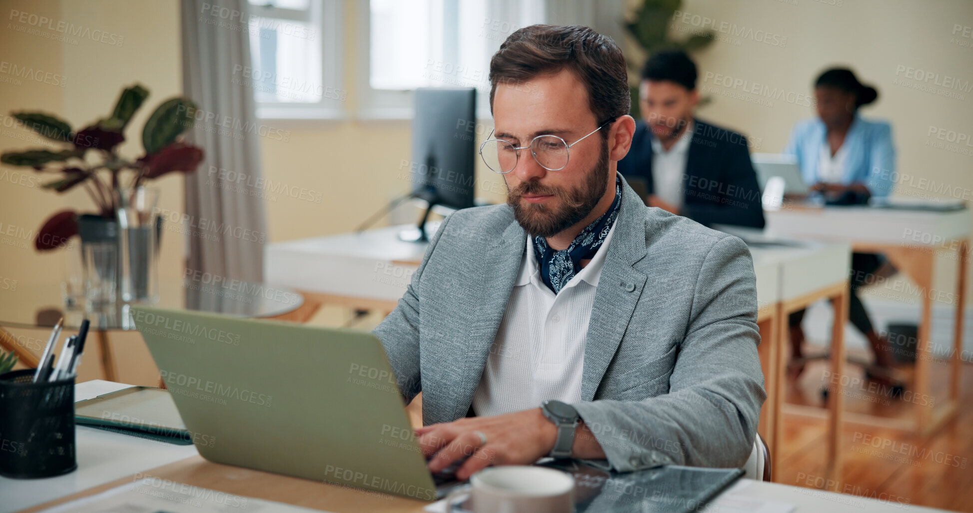 Buy stock photo Office, businessman and developer with laptop for typing, software solution and research for ux. Coworking, male person and web designer with digital for connection, page review and seo information 