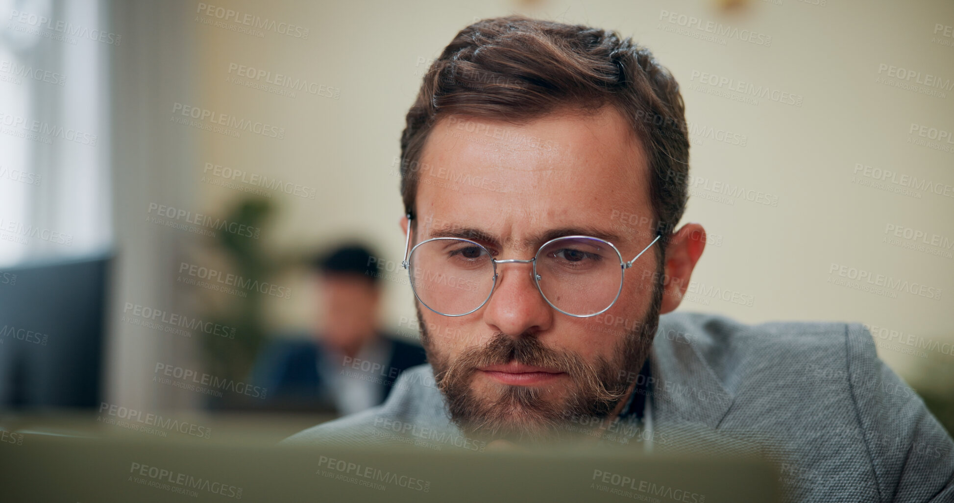 Buy stock photo Business man, focus and reading with laptop for finance review, client portfolio management or insurance planning. Financial advisor, serious and problem solving with risk tolerance and assessment