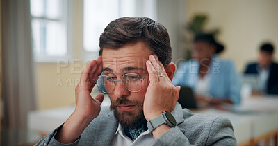 Buy stock photo Stress, headache and businessman in office with brain fog, crisis or mistake with finance. Migraine, professional and male financial manager with stock market crash for investment fail in workplace. 