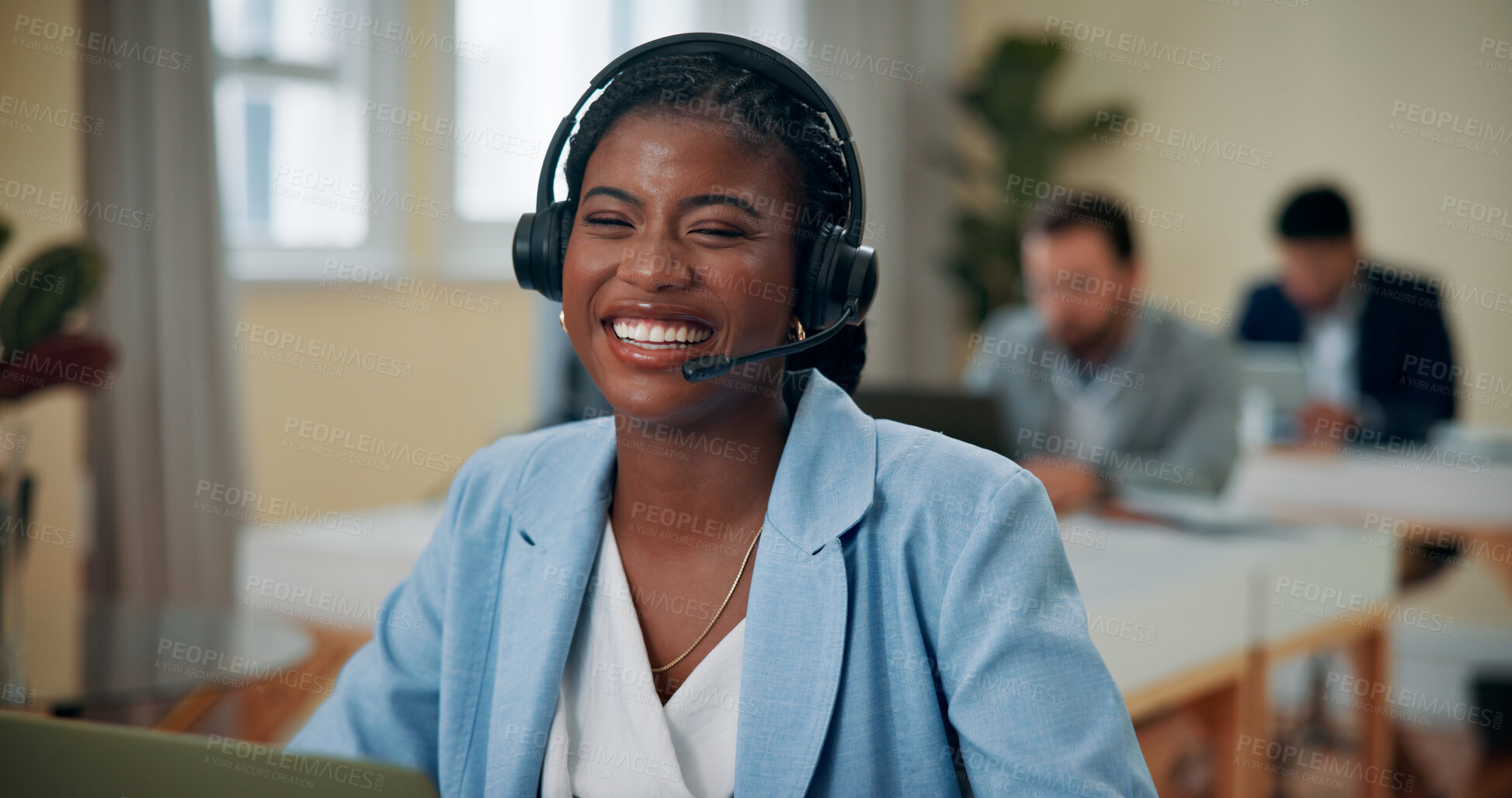 Buy stock photo Office, businesswoman and happy with laptop for headset, consultant and customer service for sales. Coworking, call center and agent with mic for telemarketing, client feedback and laugh in portrait