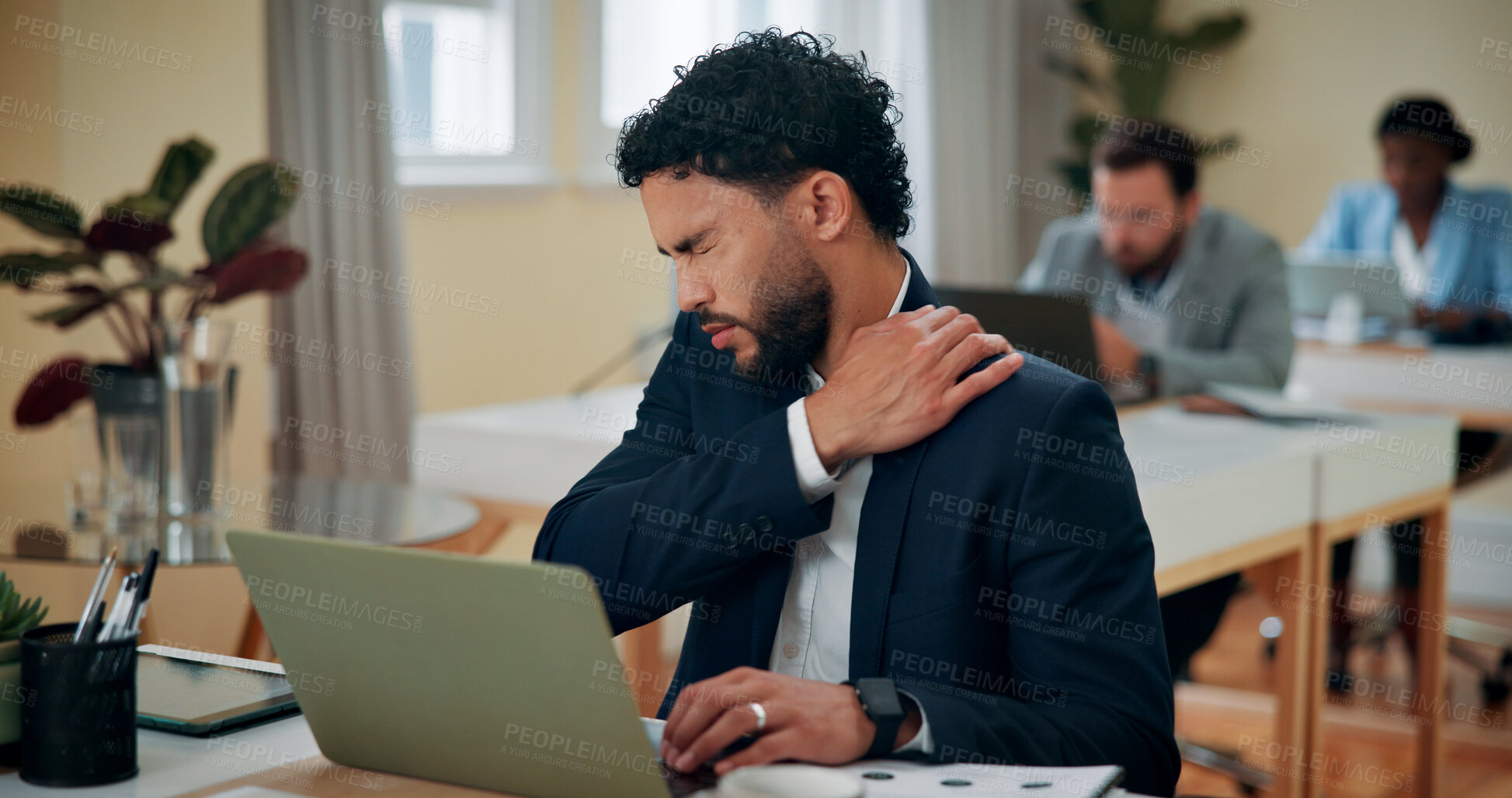Buy stock photo Office, businessman and neck pain with laptop for typing, muscle tension and research for finance. Coworking, male person and accountant with ache for inflammation, arthritis and financial deadline