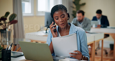 Buy stock photo Business, phone call and woman in office, documents and communication with financial report. Person, tax consultant or employee with cellphone, talk or digital app with network or feedback for profit