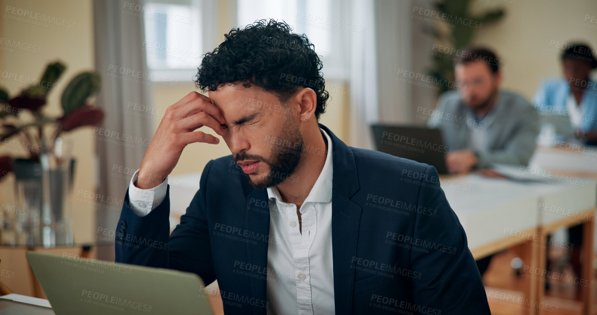 Buy stock photo Office, businessman and headache with laptop for stress, brain fog and fatigue for auditing deadline. Coworking, male person and accountant with pain for inflammation, migraine and financial mistake