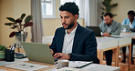 Office, businessman and accountant with laptop for typing, auditing and finance research for corporate. Coworking, male person and auditor with tech for financial information, investment and reading