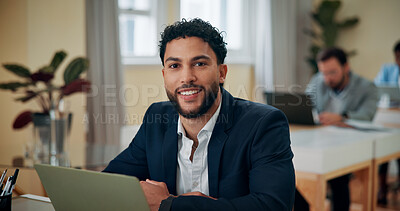 Buy stock photo Portrait, businessman and accountant with laptop in office, confidence and finance research for corporate. Coworking, male person and auditor with smile for financial information, investment or pride