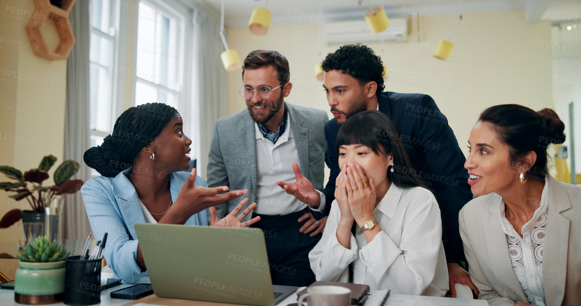 Buy stock photo Business people, laptop and shocked with wow, teamwork and success for project funding approval. Staff, group goal and employees with computer, opportunity and promotion email with collaboration