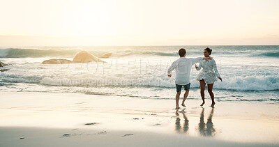Buy stock photo Vacation, beach and couple with love, dancing and travel with weekend break, honeymoon and marriage. People, seaside and man with woman, ocean or energy with relationship, romance or bonding together