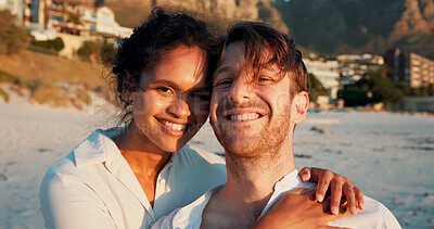 Buy stock photo Happy, couple and portrait at beach on holiday, summer vacation and travel together. Seashore, man and woman embrace outdoor for romantic date, love and care in interracial relationship with partner