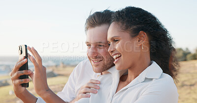 Buy stock photo Outdoor, picture and couple with smile, selfie and travel with vacation, romance and marriage. Capture, interracial and man with woman, internet or photograph with love, holiday or relationship