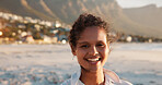 Portrait, relax and woman on beach in summer for travel, holiday or vacation on tropical coast. Girl, smile and happy tourist on island by ocean or sea for fresh air and weekend nature getaway