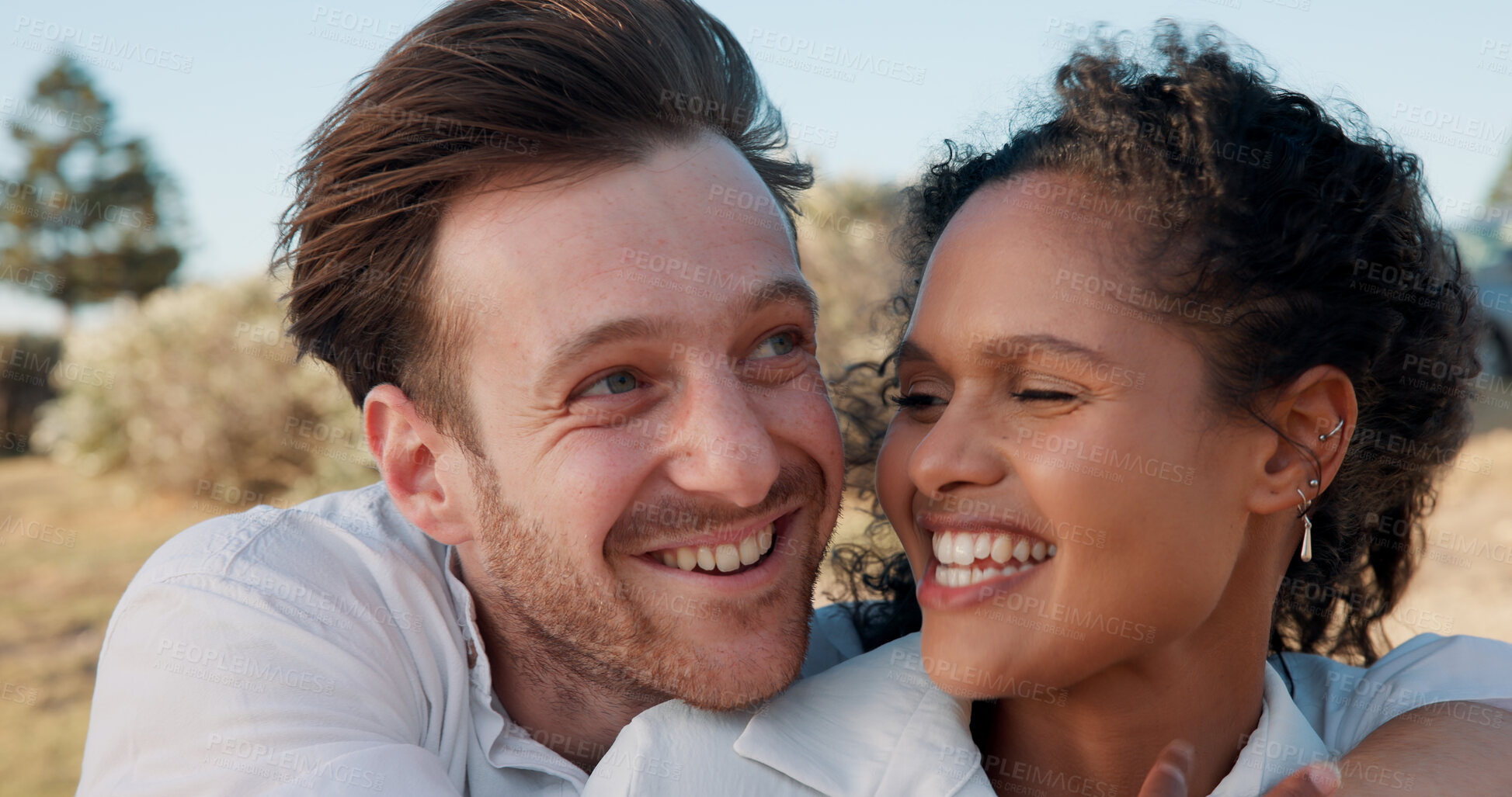 Buy stock photo Hug, love and relax with couple in nature for travel vacation, bonding and romantic date. Happiness, summer holiday and marriage anniversary with man and woman outdoor for cuddle, adventure and smile