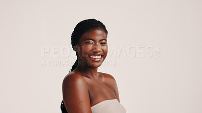 Buy stock photo Cosmetics, skincare and face with black woman in studio for dermatology, beauty and glow. Shine, self care and Collagen with person on white background for spa treatment, clean and mockup space