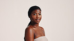 Cosmetics, skincare and portrait of black woman in studio for dermatology, beauty and glow. Shine, self care and Collagen with person on white background for spa treatment, clean and mockup space