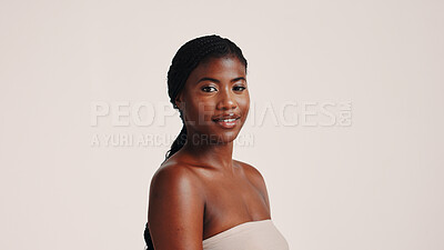 Buy stock photo Cosmetics, skincare and portrait of black woman in studio for dermatology, beauty and glow. Shine, self care and Collagen with person on white background for spa treatment, clean and mockup space
