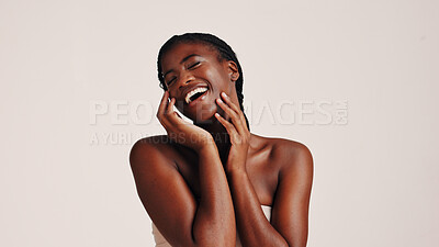 Buy stock photo Beauty, skincare and happy with black woman and laugh in studio for dermatology, cosmetics and glow. Shine, self care and Collagen with person on white background for spa treatment and mockup space