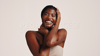 Buy stock photo Skincare, wellness and black woman in studio with natural, health or beauty routine. Happy, space and African female person with dermatology facial treatment for face glow by white background.