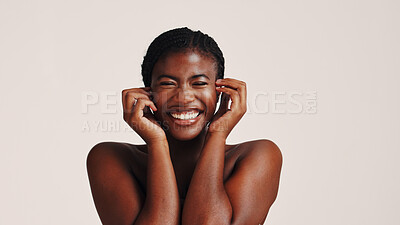Buy stock photo Skincare, happy and black woman in studio with natural, health or wellness routine. Space, excited and African female person with dermatology facial treatment for face glow by white background.