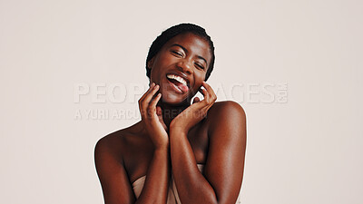 Buy stock photo Funny, skincare and black woman in studio, cosmetics and dermatology and gray background. African person, silly and happy model with healthy skin, beauty and shine with glow, grooming and confidence