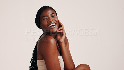 Buy stock photo Skincare, health and black woman in studio with natural, beauty or wellness routine. Happy, cosmetic and African female person with dermatology facial treatment for face glow by white background.