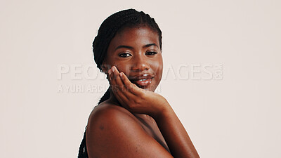 Buy stock photo Skincare, face and portrait of black woman in studio with natural, health or wellness routine. Smile, beauty and African female person with dermatology facial treatment for glow by white background.