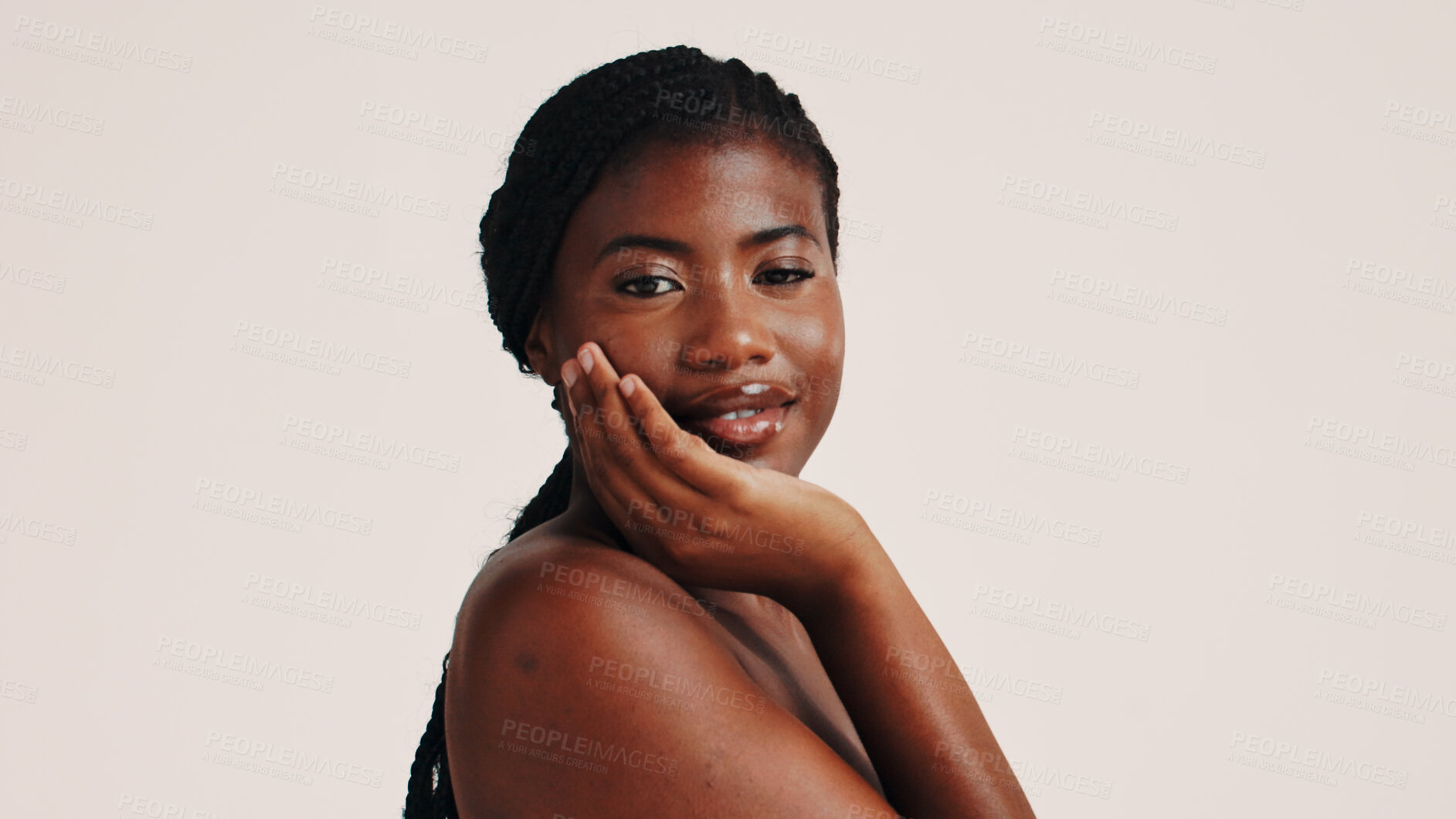 Buy stock photo Skincare, face and portrait of black woman in studio with natural, health or wellness routine. Smile, beauty and African female person with dermatology facial treatment for glow by white background.