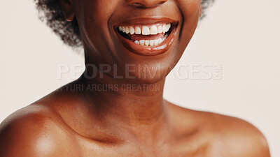 Buy stock photo Black woman, teeth and mouth for dental hygiene, skincare or cosmetics on white studio background. Closeup, African person and smile for dentist, tooth whitening or oral and gum care treatment