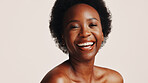 Beauty, smile and portrait of black woman in studio for dermatology, cosmetics and glow. Shine, self care and Collagen with person on white background for spa treatment, skincare and mockup space