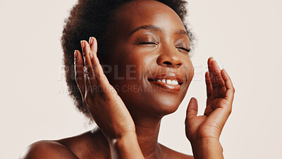 Buy stock photo Happy, skincare and woman with glow, studio and hydration of skin with cosmetics, beauty and dermatology. White background, antiaging and treatment for black person with smile, shine and smooth face