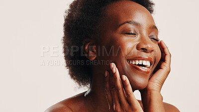 Buy stock photo Beauty, happy and black woman with skincare in studio for natural glow, smooth skin and treatment results. Space, person and satisfaction with dermatology, wellness and self care on white background