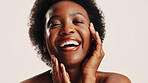 Skincare, beauty and portrait of black woman in studio with natural, health or wellness routine. Laugh, face and African female person with dermatology facial treatment for glow by white background.