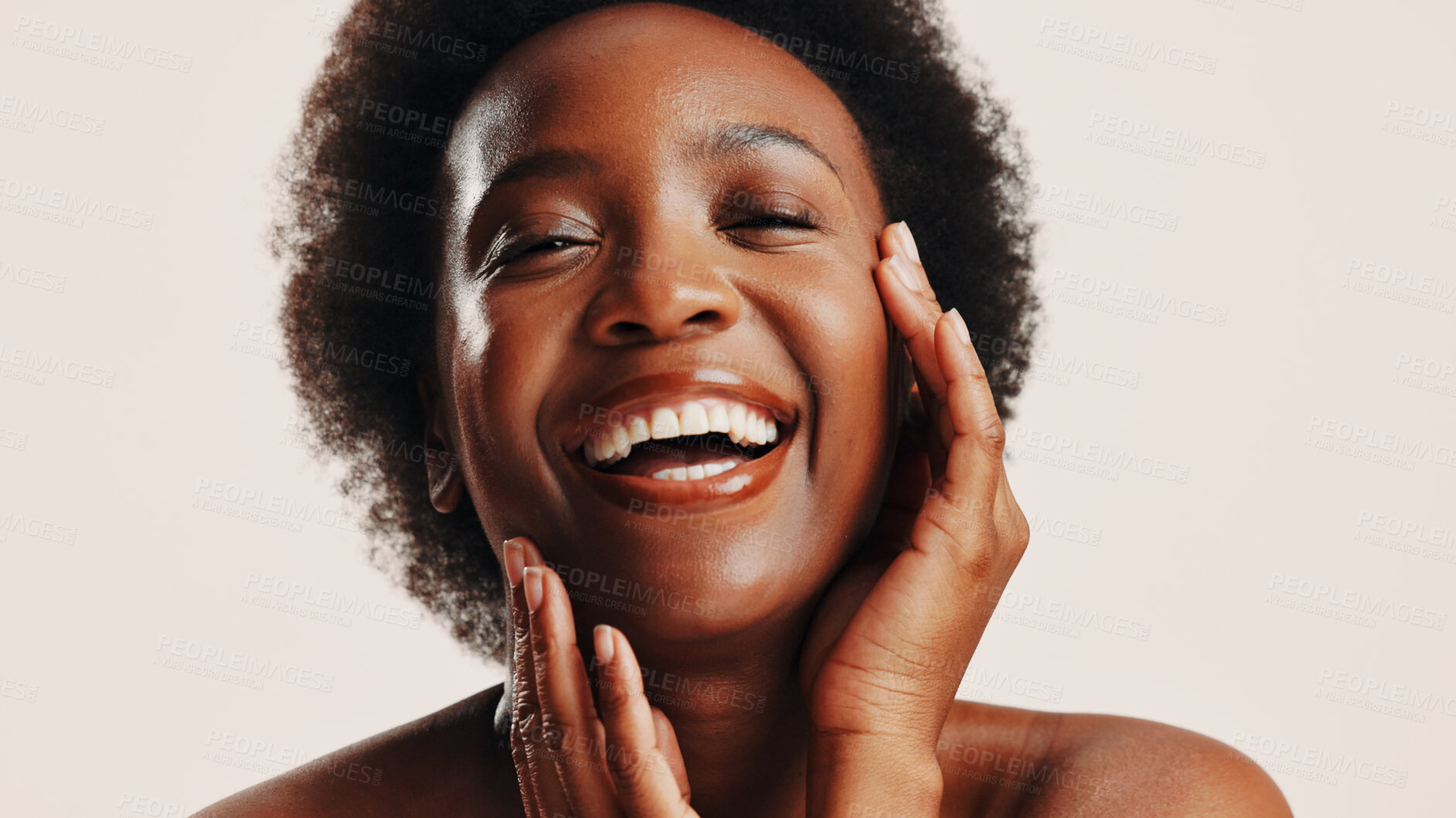 Buy stock photo Skincare, beauty and portrait of black woman in studio with natural, health or wellness routine. Laugh, face and African female person with dermatology facial treatment for glow by white background.