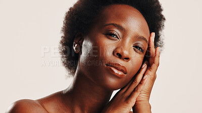 Buy stock photo Beauty, skincare and hands with portrait of black woman in studio for dermatology, cosmetics and glow. Shine, self care and Collagen with person on white background for spa treatment and face