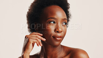 Buy stock photo Beauty, skincare and glow with black woman in studio for dermatology, cosmetics and face. Shine, self care and Collagen with person on white background for spa treatment and moisturizing benefits