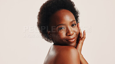 Buy stock photo Skincare, space and portrait of black woman in studio with natural, health or wellness routine. Happy, beauty and African female person with dermatology facial treatment for glow by white background.