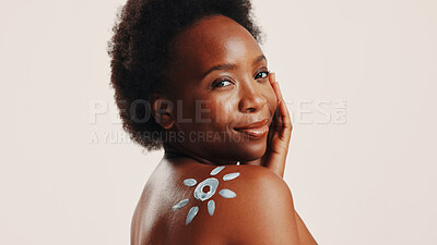 Buy stock photo Sunscreen, skincare and portrait with black woman in studio for beauty, uv protection and cosmetics. Glow, dermatology and spf lotion with person on white background for self care and sunblock cream