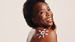 Sunscreen, cream and portrait with black woman in studio for beauty, uv protection and cosmetics. Space, dermatology and spf lotion with person on white background for self care, skincare or sunblock